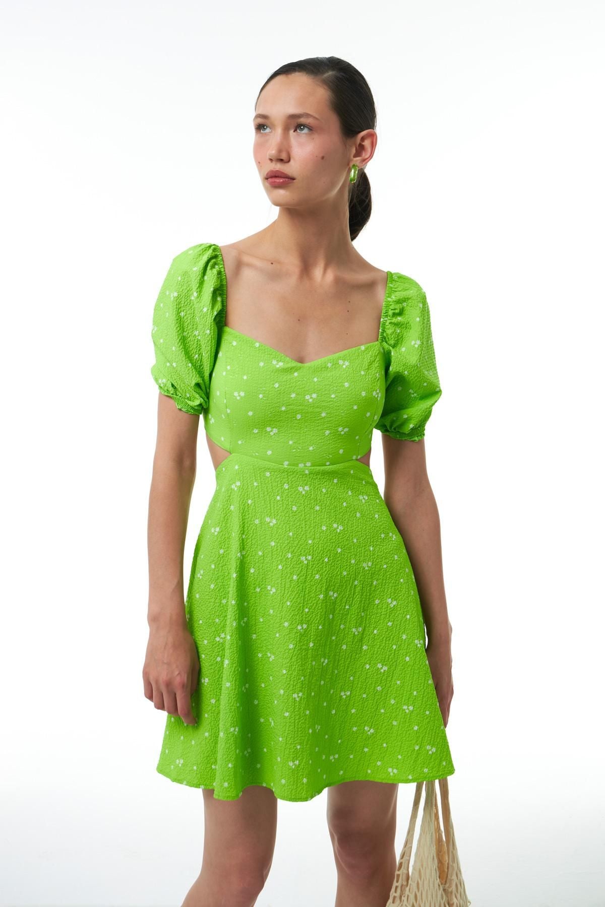 Decollete Balloon Sleeve Dress Green