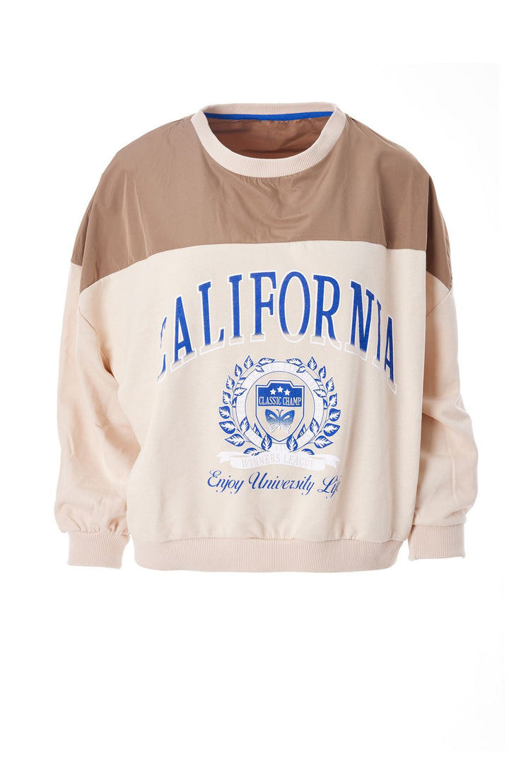 Baskılı Bisiklet Yaka Sweatshirt Bej