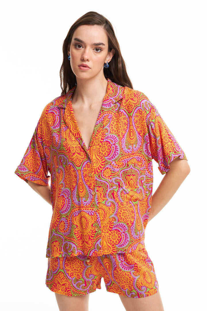 Desenli Kısa Kollu Gömlek Turuncu