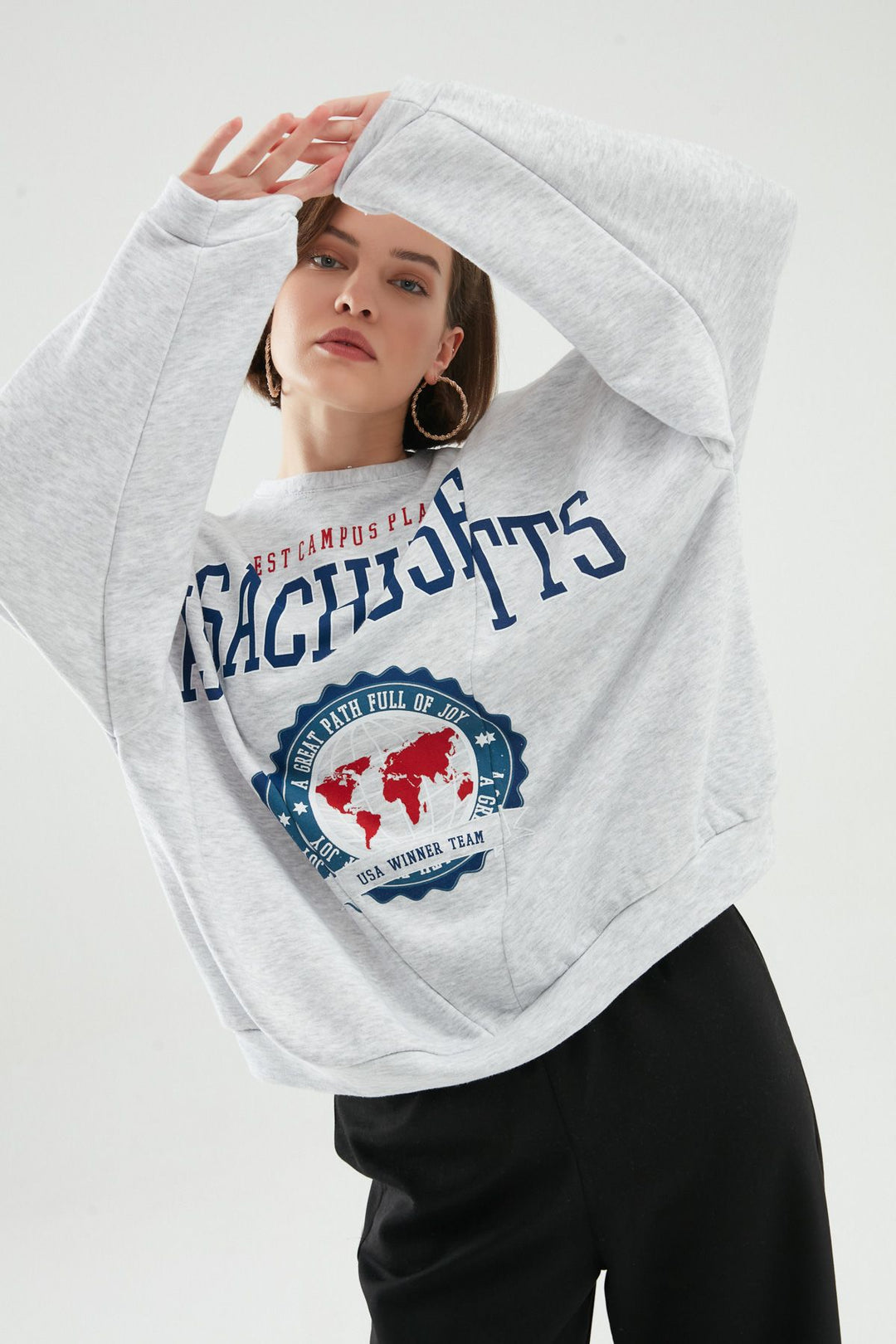 Baskılı Oversize Sweatshirt Açık Gri