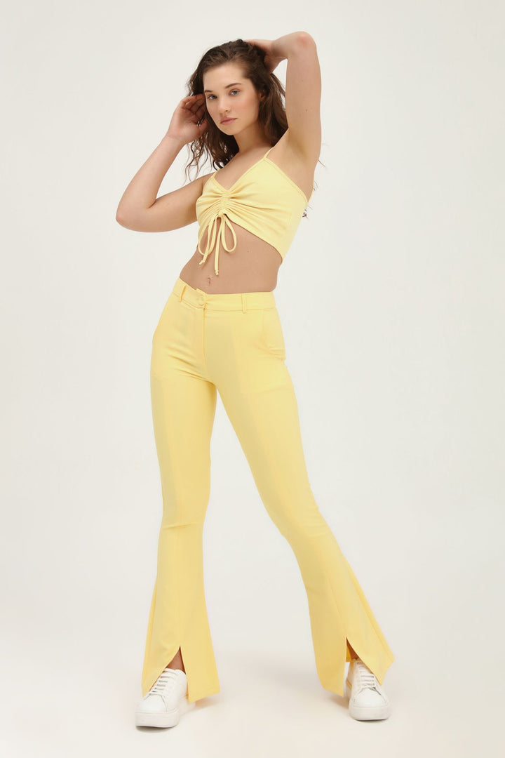 İspanyol Paça Yüksek Bel Pantolon Sarı
