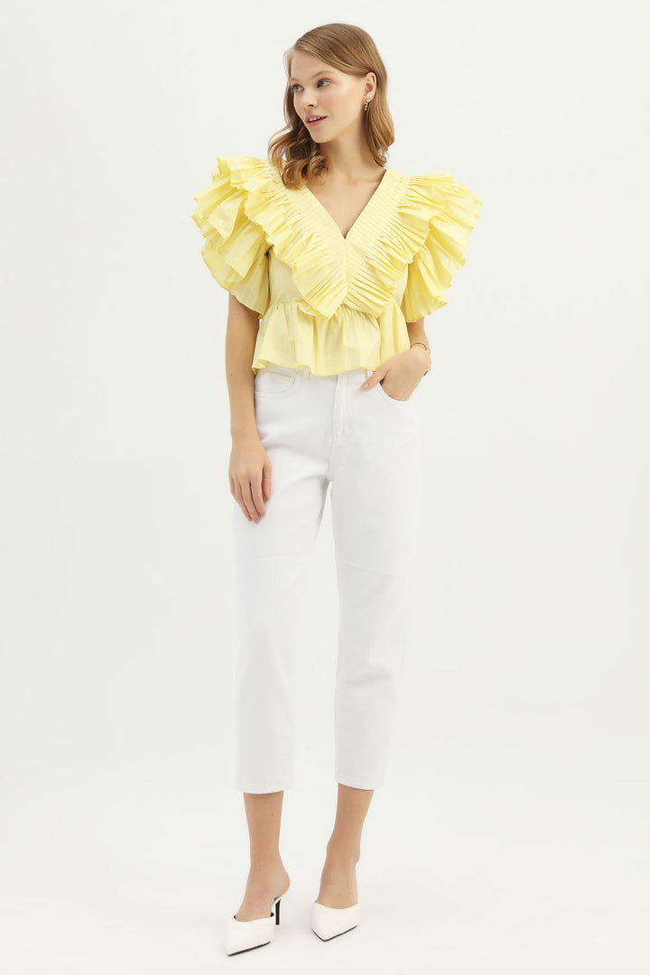 V Yaka Fırfırlı Bluz Sarı