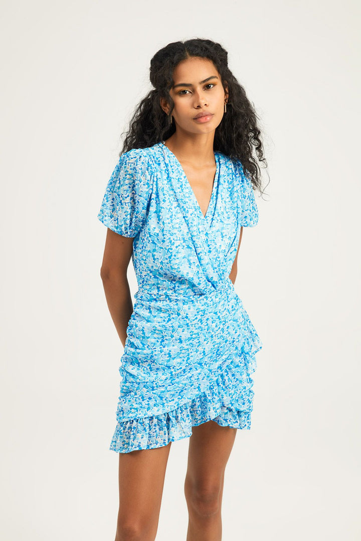 Kruvaze Fırfırlı Elbise Mavi