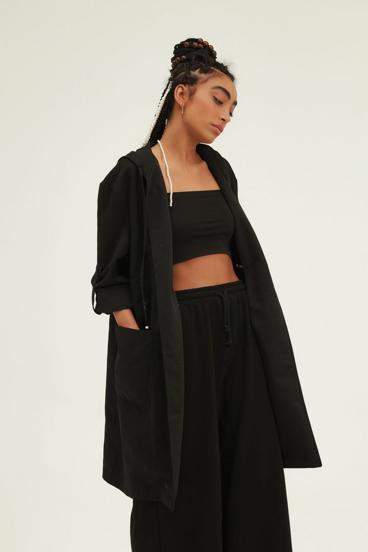 Pleated Waist Hooded Trench Coat Black