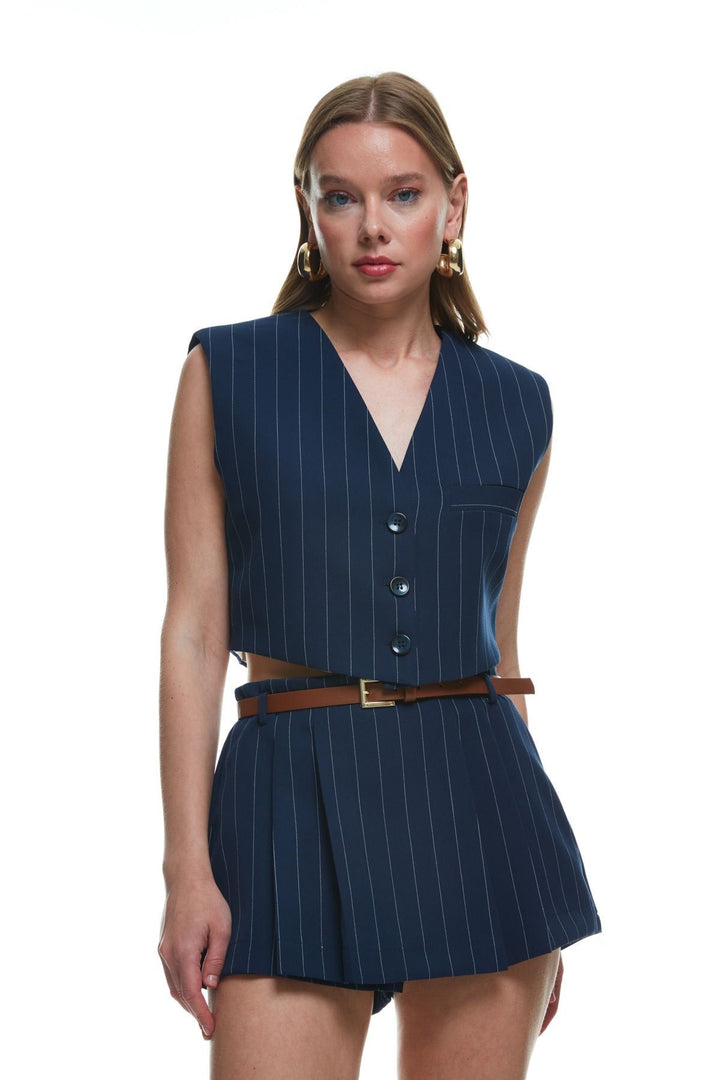 Belt Detailed Striped Short Skirt Navy Blue
