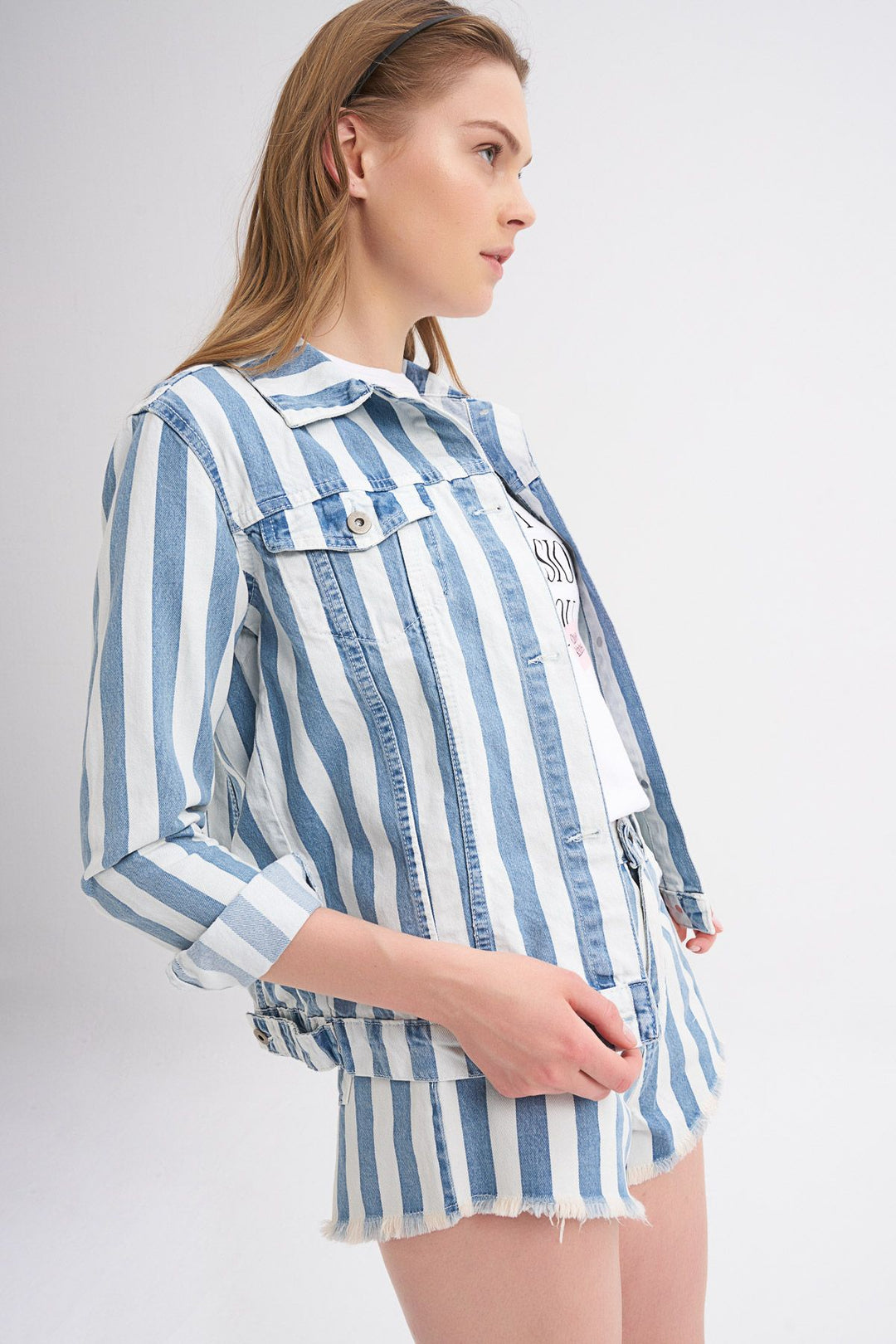 Striped Denim Jacket Blue