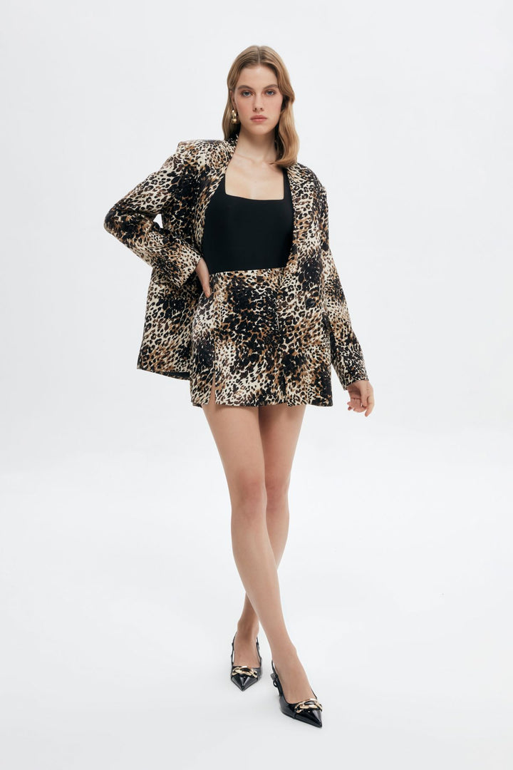 Leopard Patterned Oversize Blazer Jacket Brown