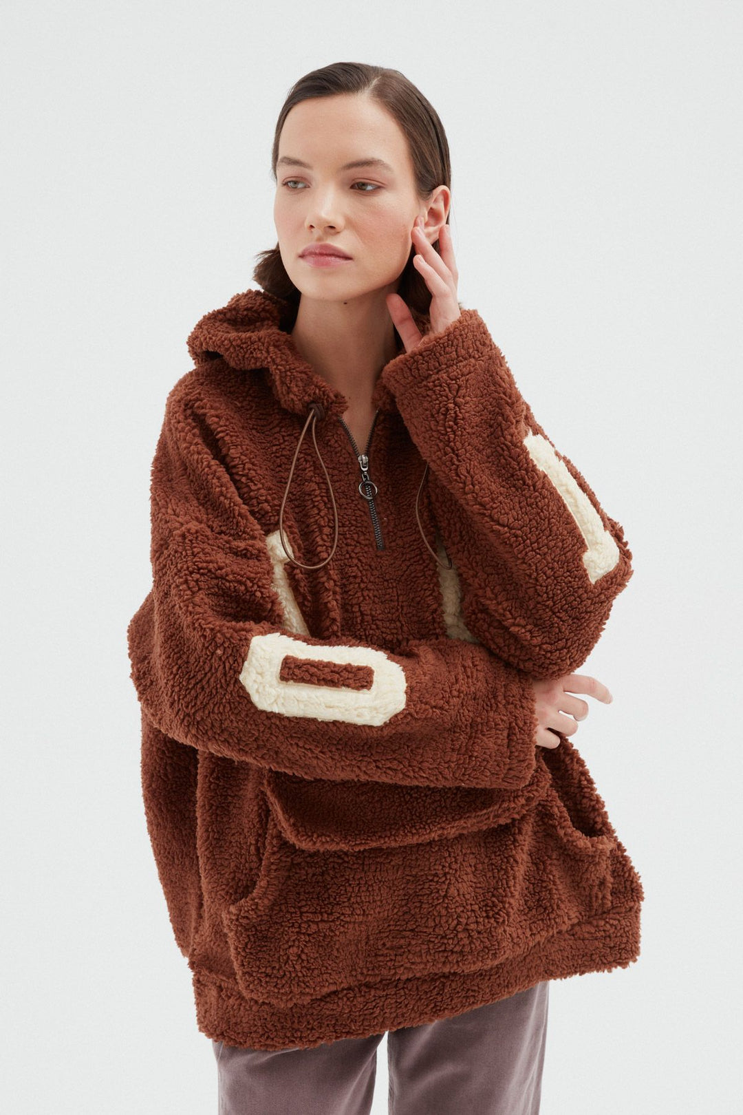 Kanguru Cepli Peluş Sweatshirt Kahverengi