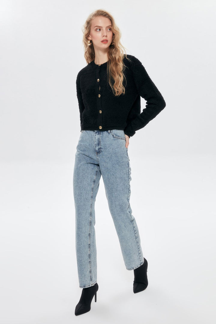 Peluş Gold Düğmeli Hırka Siyah