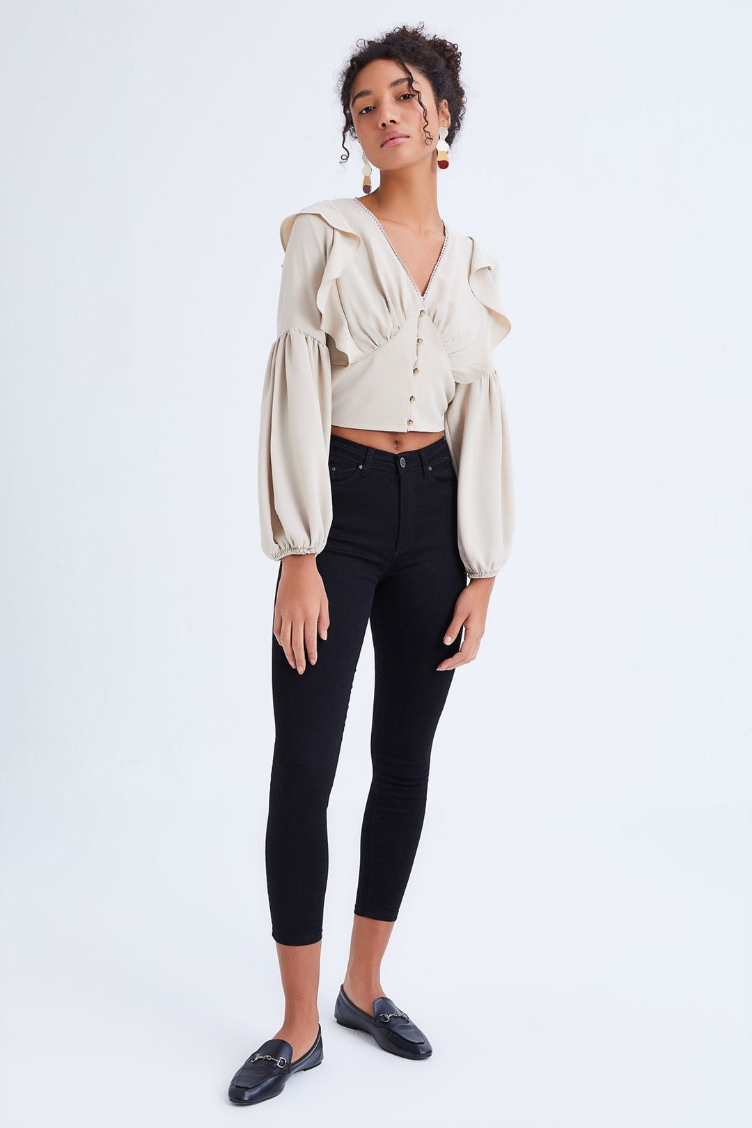 Button Front V-Neck Ruffle Blouse Stone