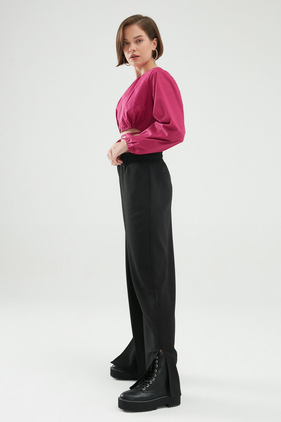 Beli Lastikli Yırtmaçlı Pantolon Siyah