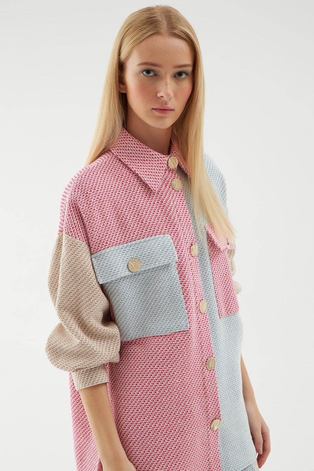 Tweed Pocket Oversize Shirt Beige