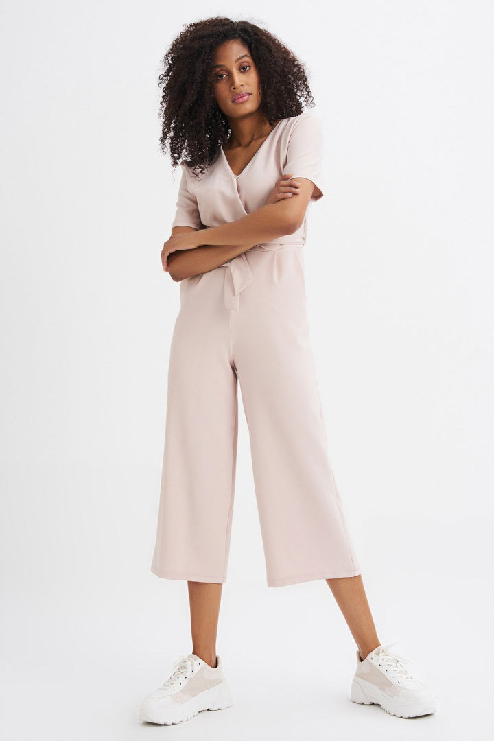 Kruvaze Beli Kuşaklı Tulum Bej