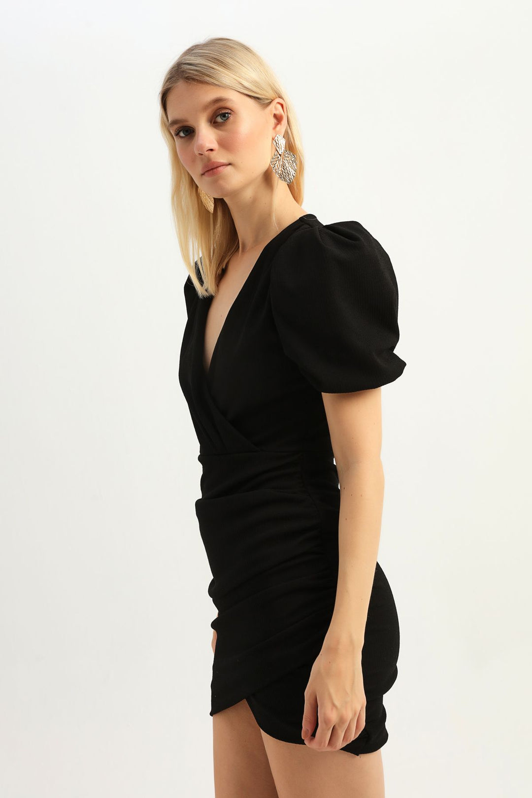 Balloon Sleeve Double Breasted Dress Black