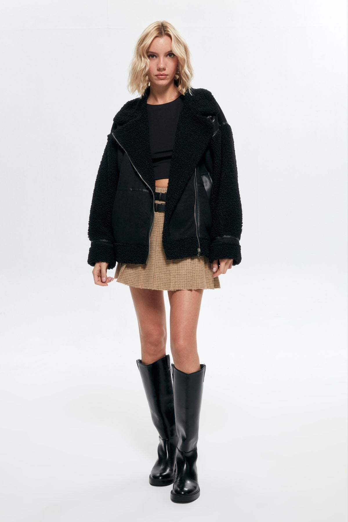 Stitched Short Coat with Plush Detail on Sleeves Black