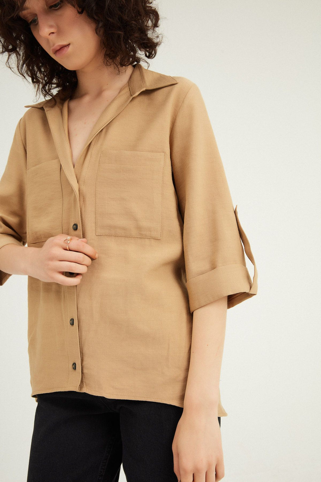 V-Neck Three Quarter Sleeve Shirt Camel