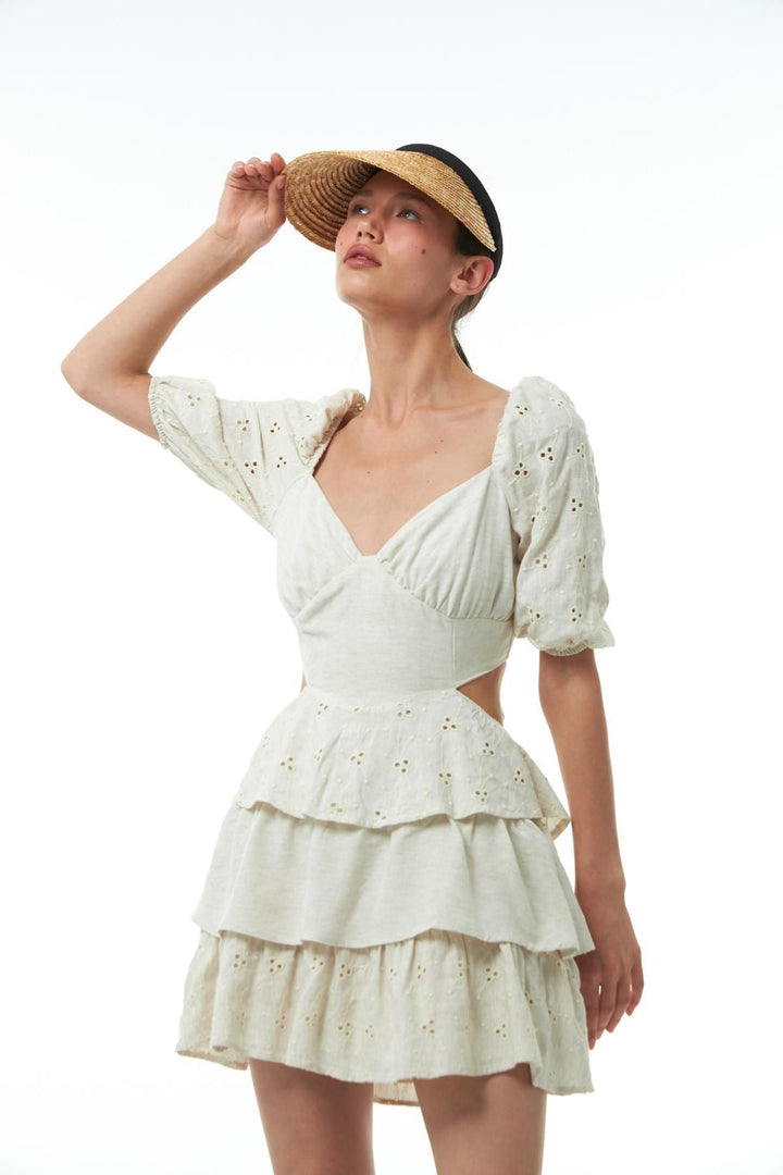 Balon Kol Fırfırlı Elbise Naturel