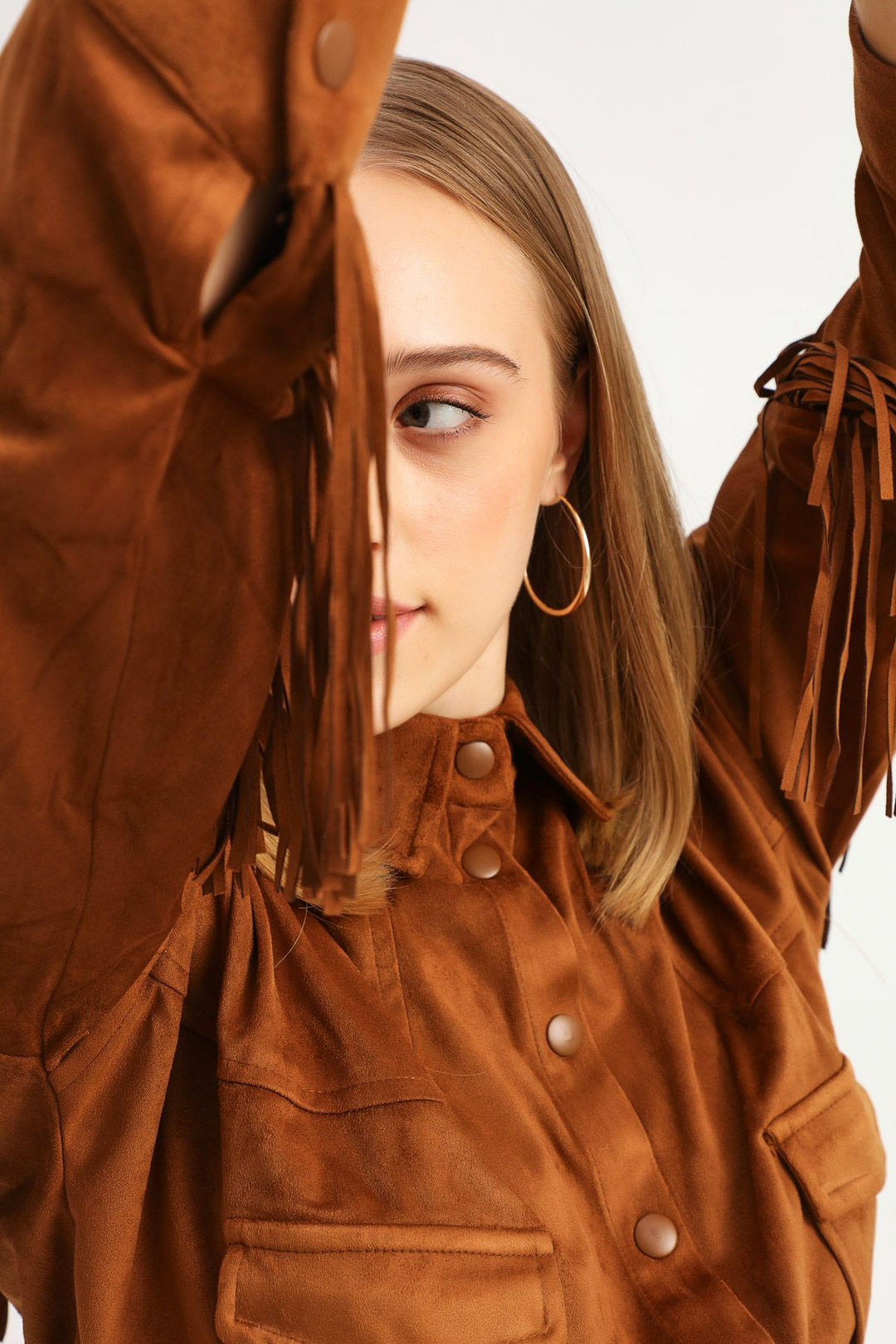 Püsküllü Süet Gömlek Taba