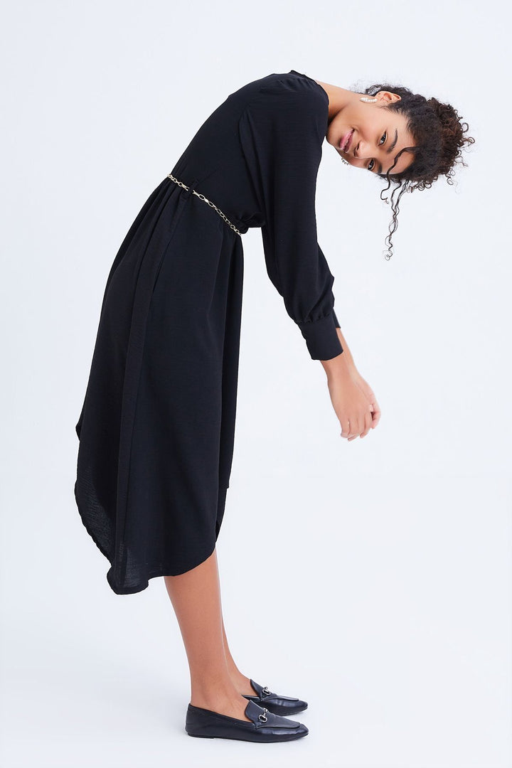 Chain Belt Asymmetrical Dress Black