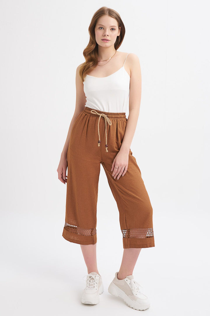 File Detaylı Keten Pantolon Kahverengi