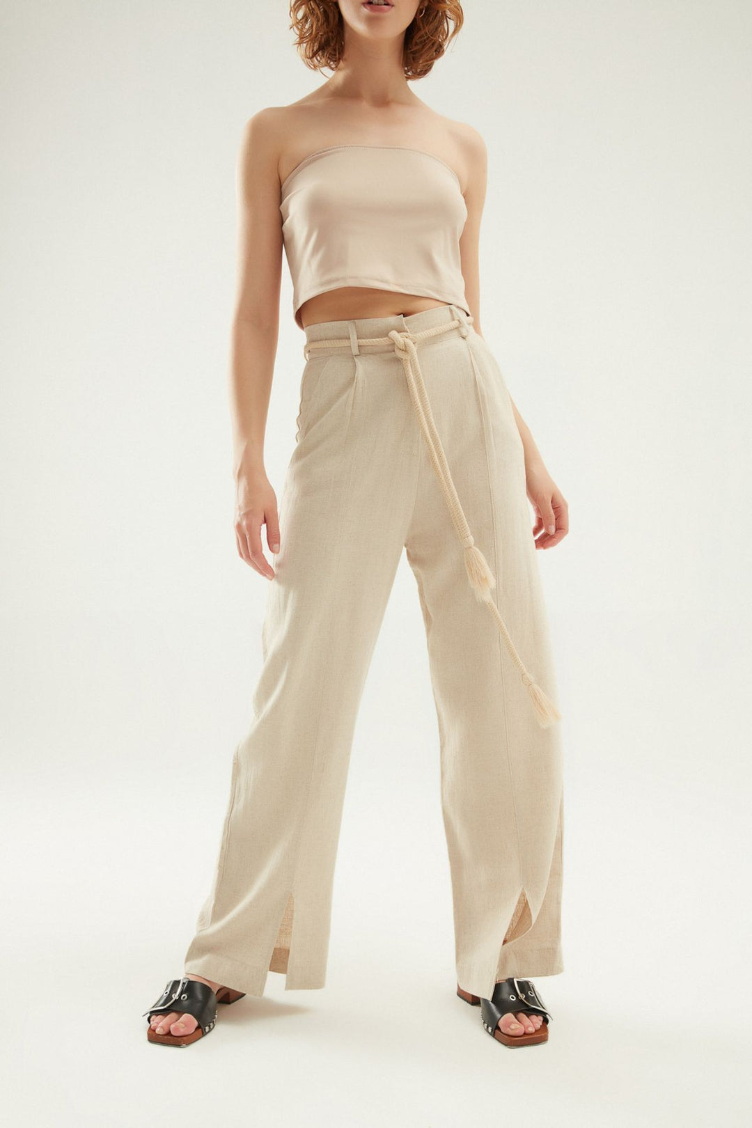 Yırtmaçlı Keten Pantolon Naturel