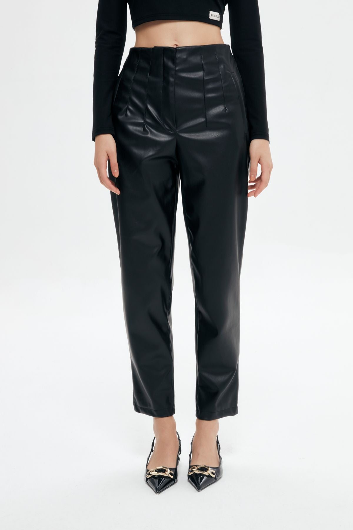 Plier Detailed Leather Trousers Black