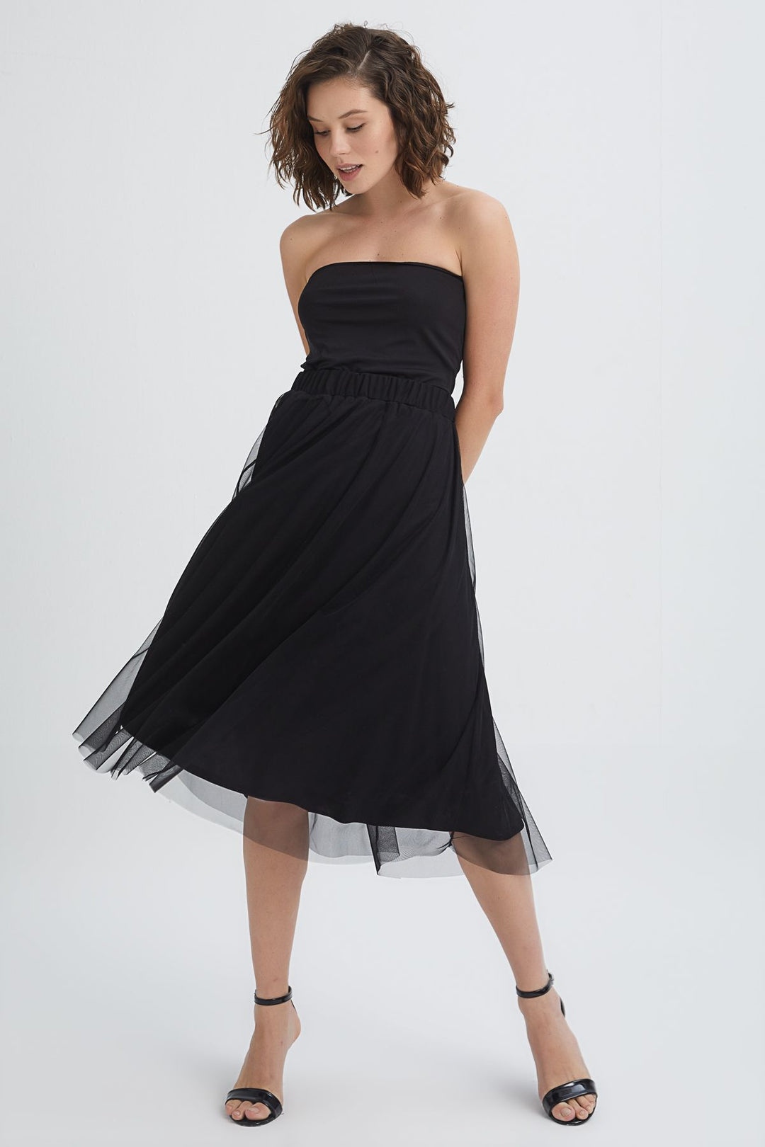 Pleated Tulle Detailed Midi Skirt Black