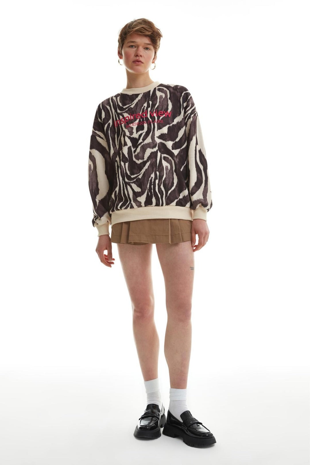 Yazı Baskılı Desenli Oversize Sweatshirt Bej