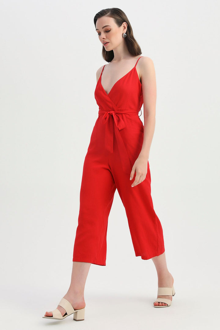 Strap Waist Belted Linen Jumpsuit Red