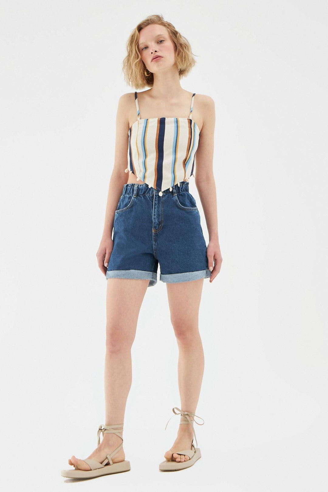 Duble Paça Beli Lastikli Kot Şort Mavi