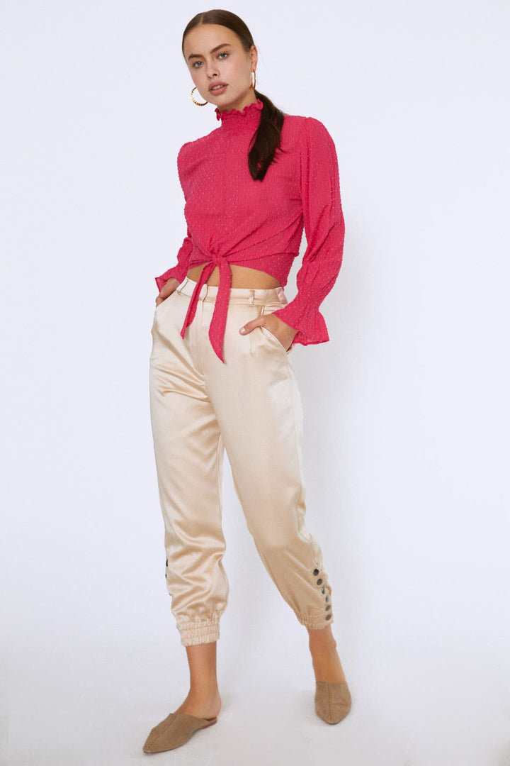 Tie Waist Long Sleeve Blouse Fuchsia