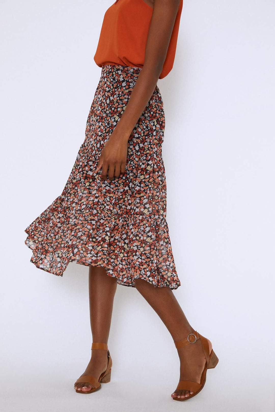 Midi Crispy Floral Skirt Orange