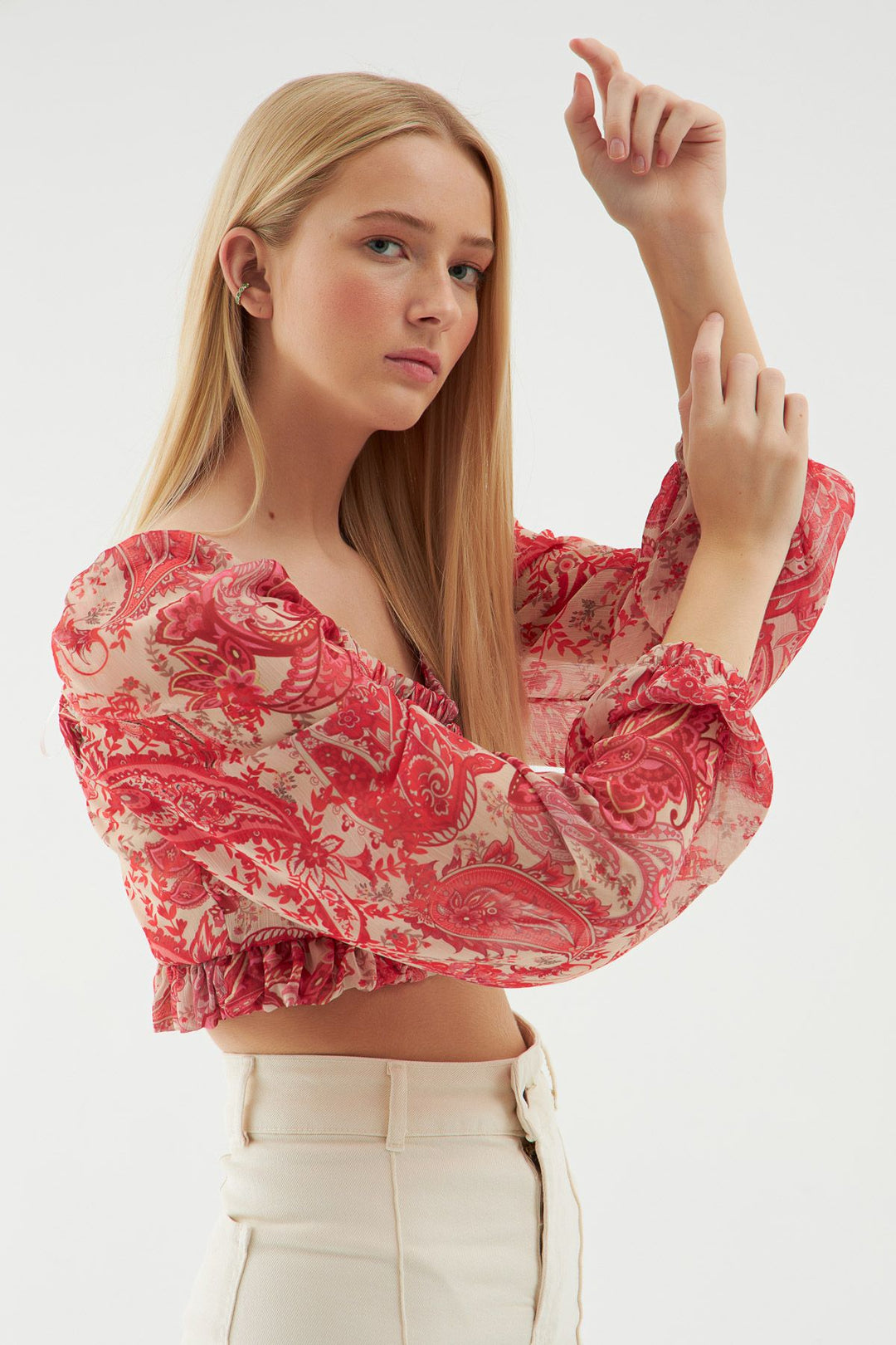 Ruffle Detailed Crop Blouse Pink – QUZU