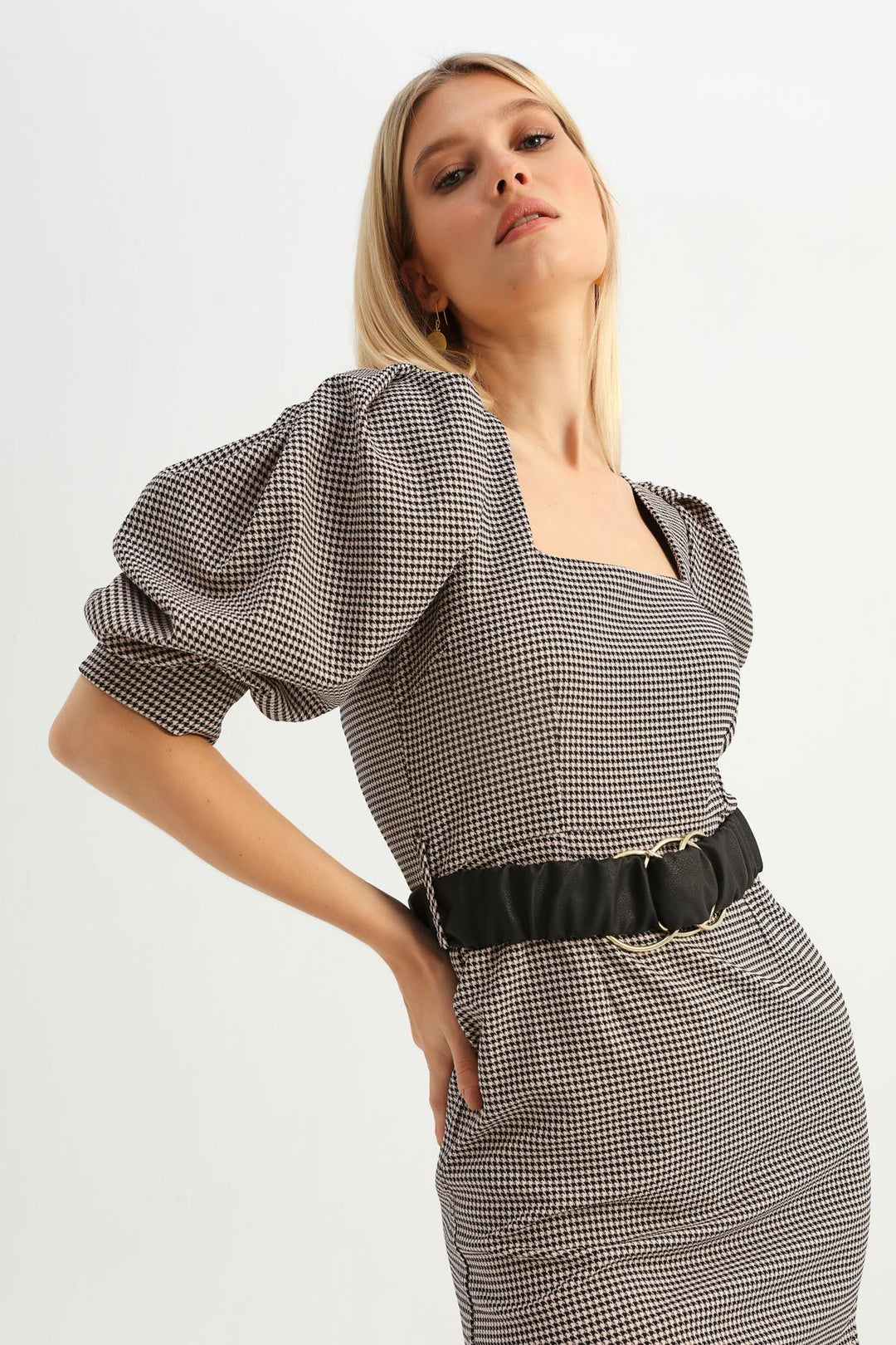 Striped Belt Balloon Sleeve Dress Powder