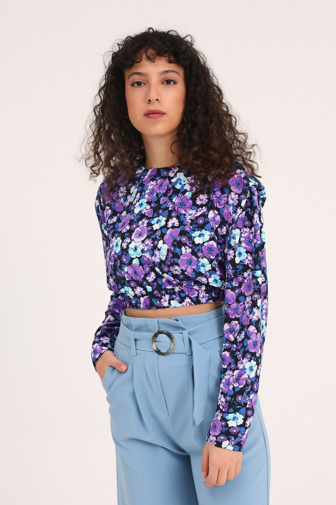 Floral Waistband Crop Blouse Purple