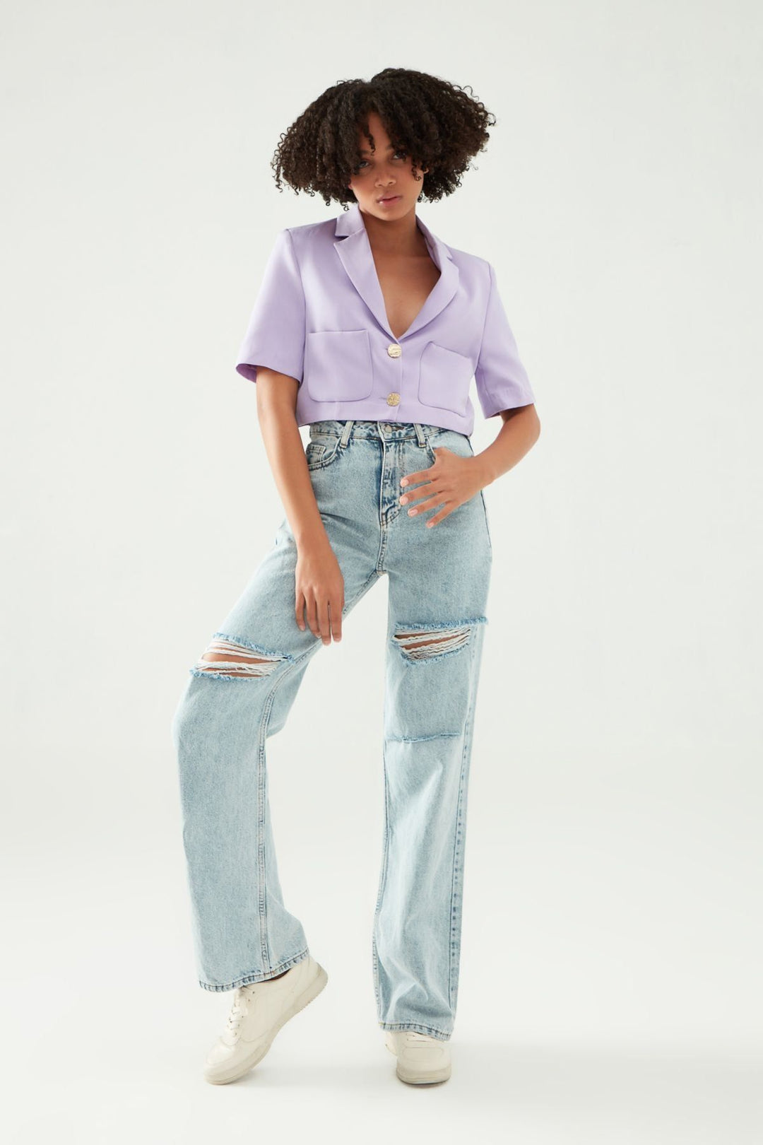 Pocket Detailed Crop Blazer Jacket Lilac