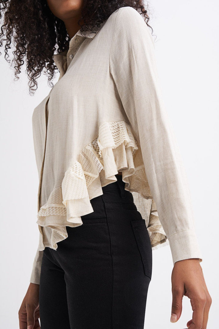 Back Embroidered Ruffle Linen Shirt Natural