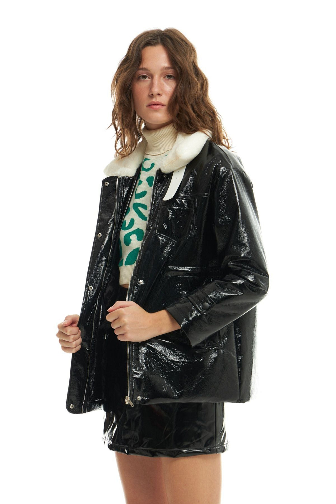 Fur Detailed Patent Leather Coat Black