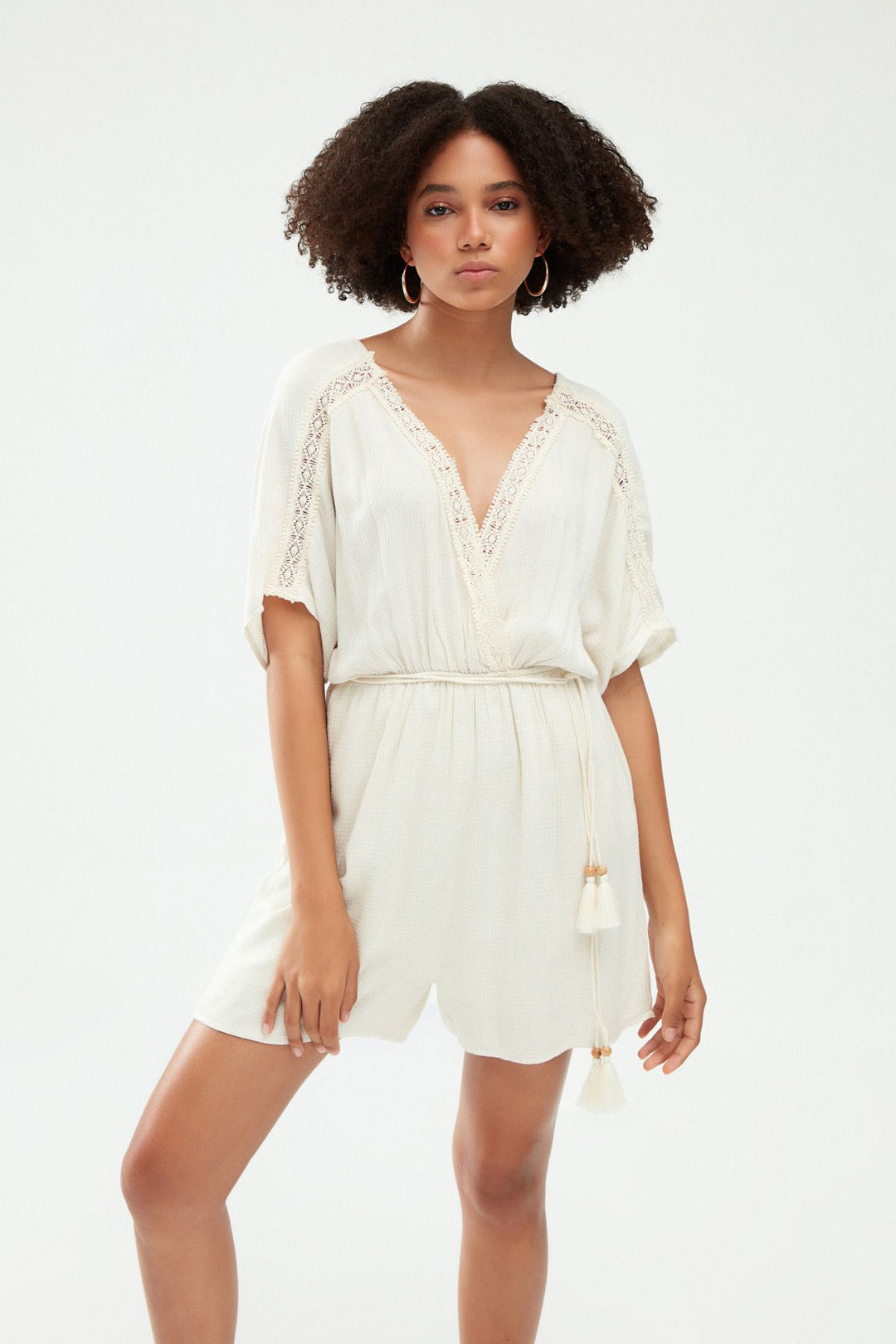 Double Breasted Guipure Linen Overalls Natural