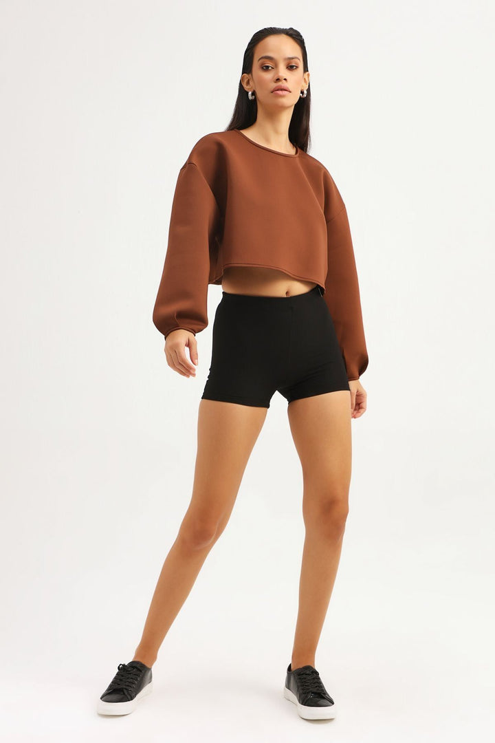 Dalgıç Kumaş Crop Sweatshirt Kahverengi
