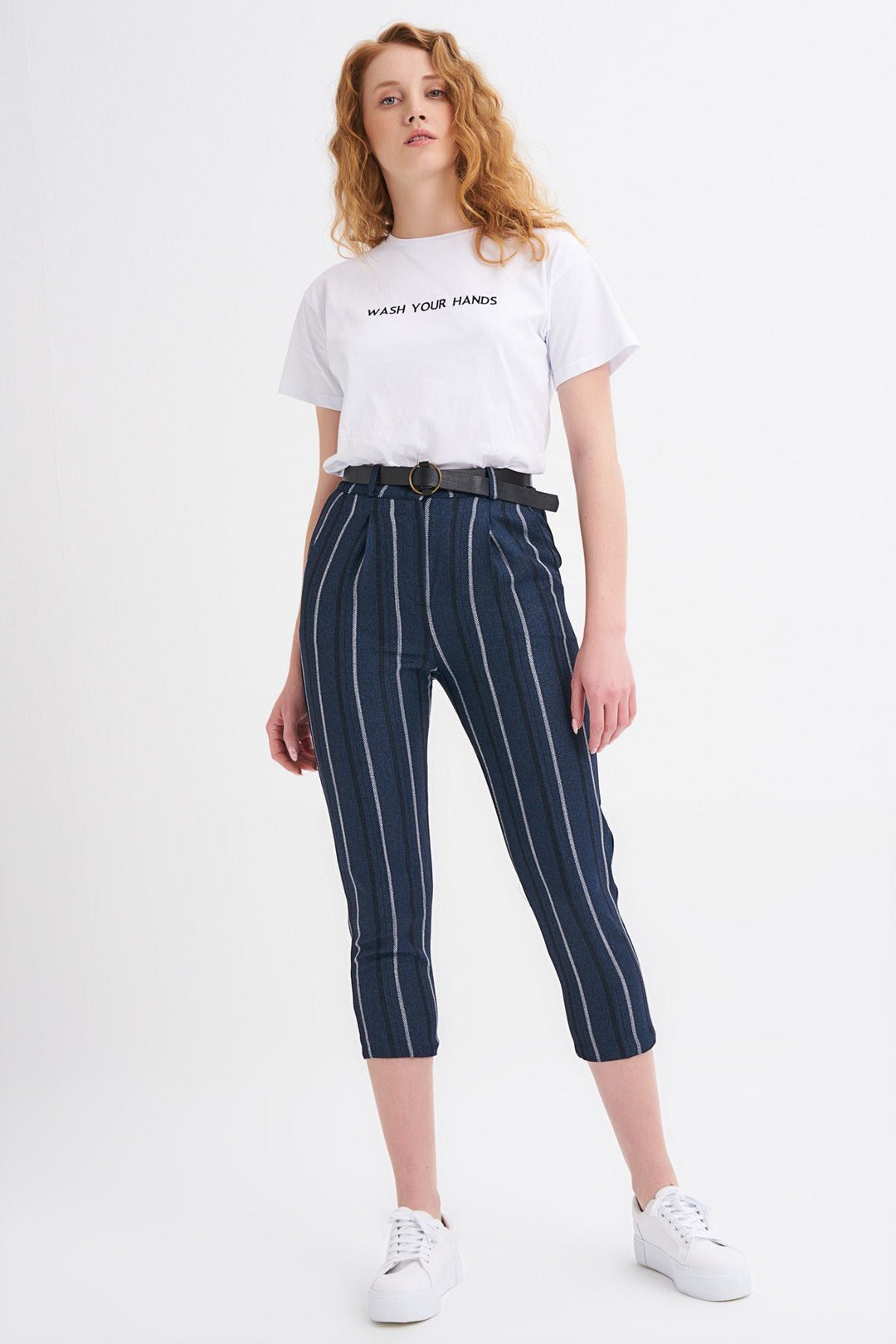 Belted Striped Trousers Navy
