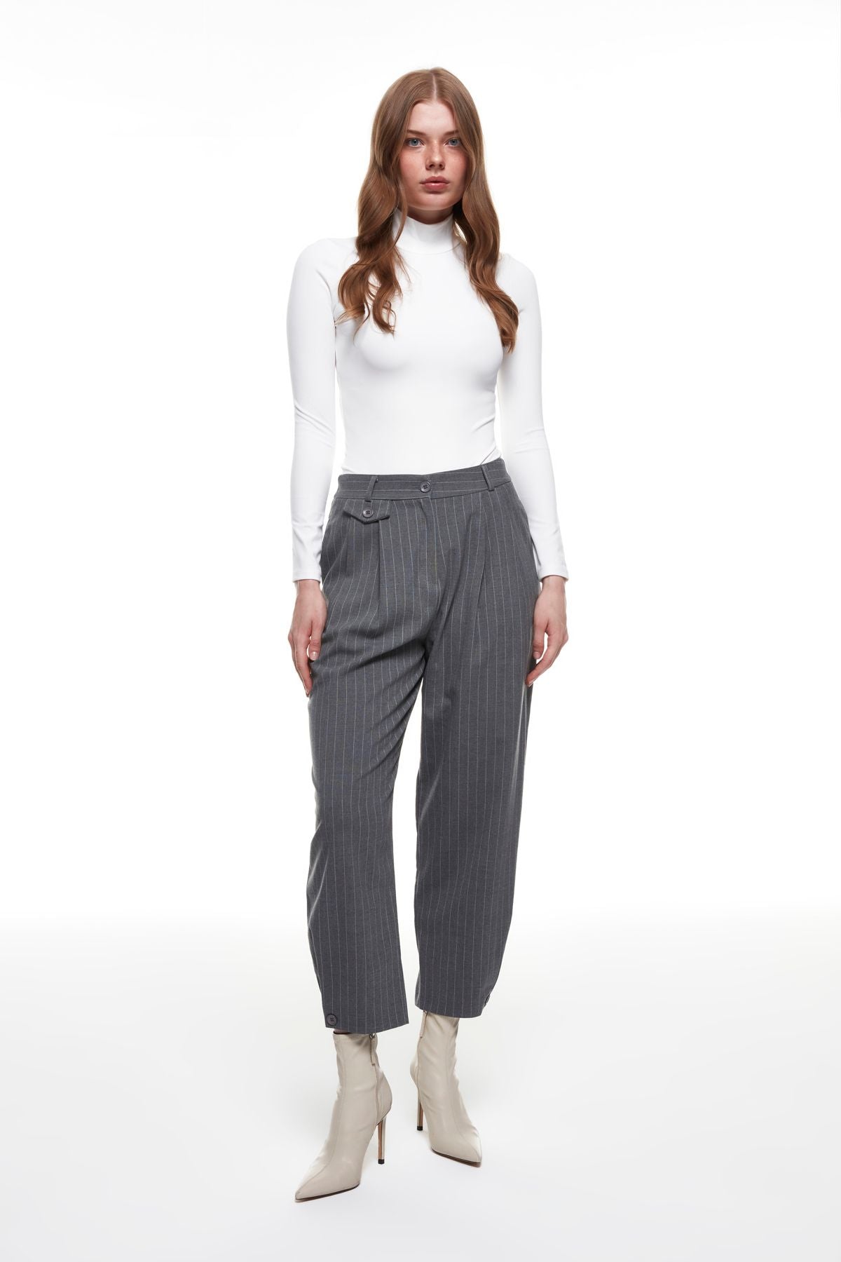Button Detailed Striped Trousers Dark Gray