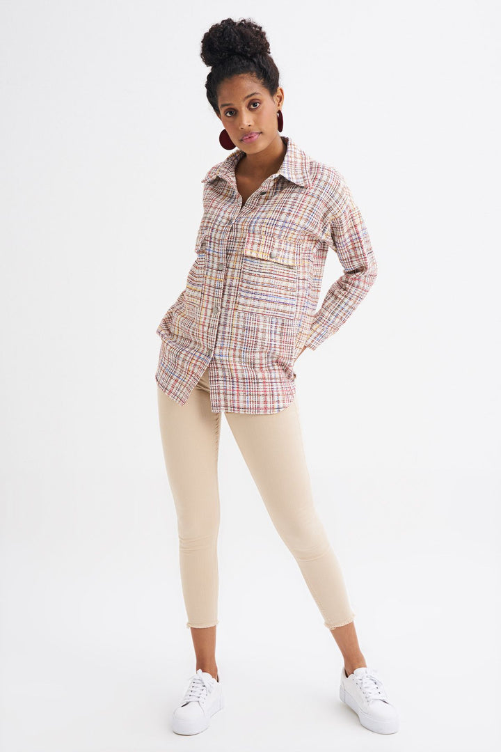 Tweed Pocketed Plaid Shirt Red