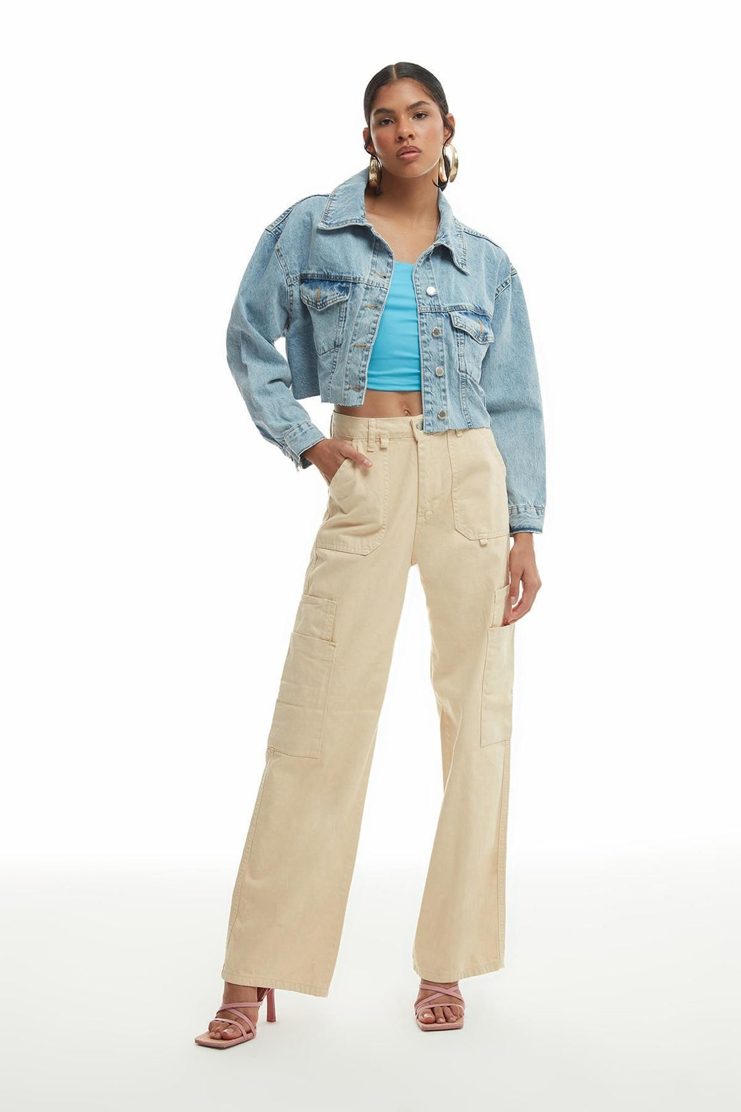 Crop Detailed Crop Denim Jacket Blue