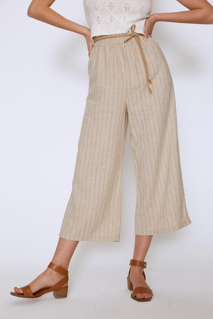 Hasır Kemerli Keten Pantolon Bej