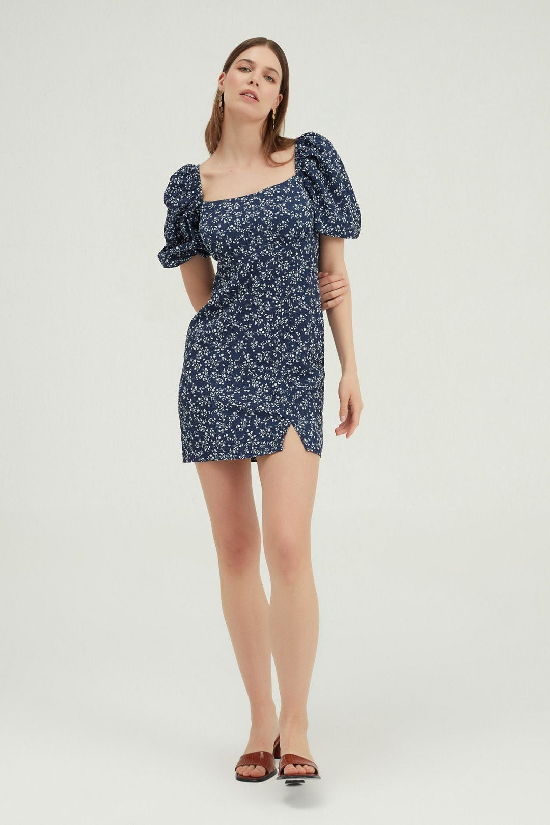 Patterned Watermelon Sleeve Mini Dress Indigo