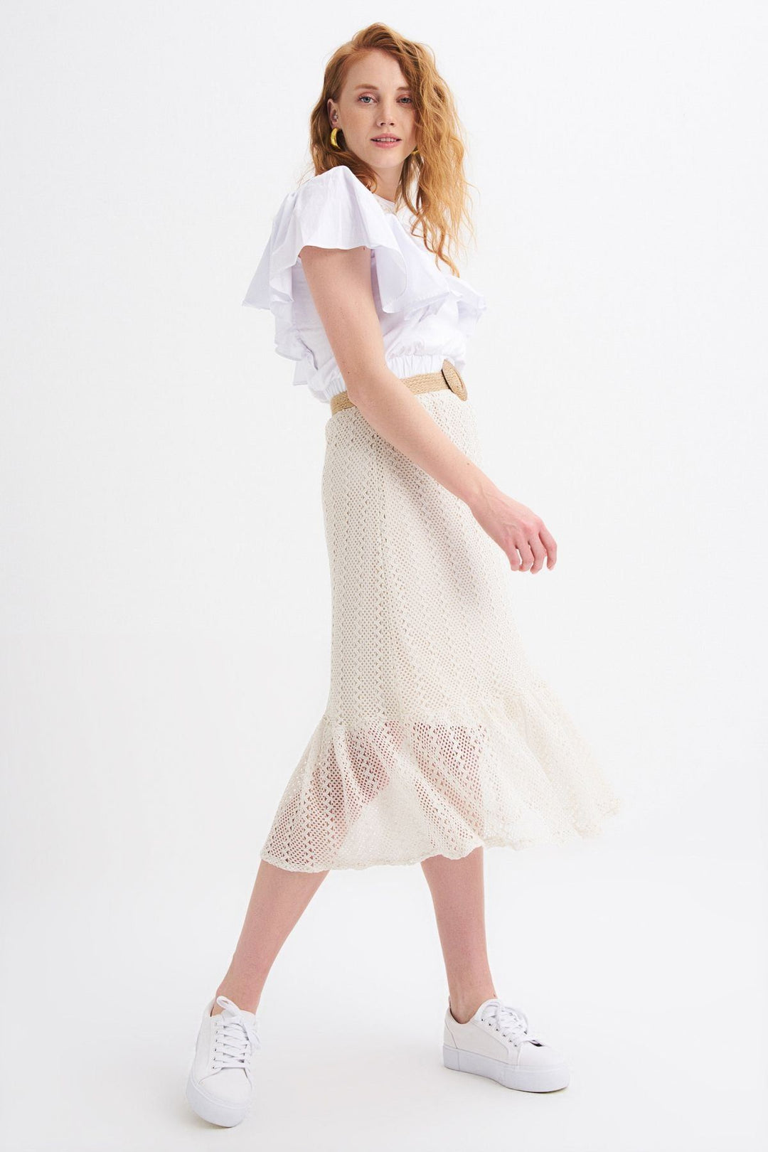 Straw Belt Detailed Guipure Skirt Ecru