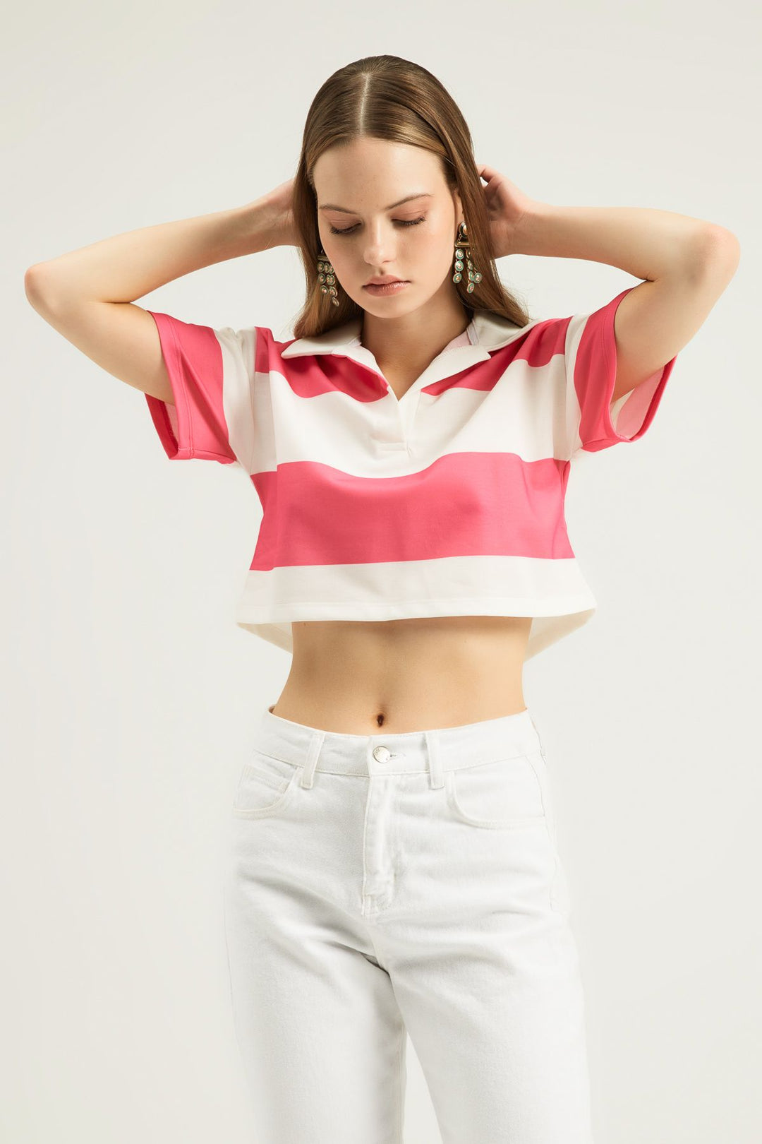 Polo Neck Striped Crop Blouse Candy Pink