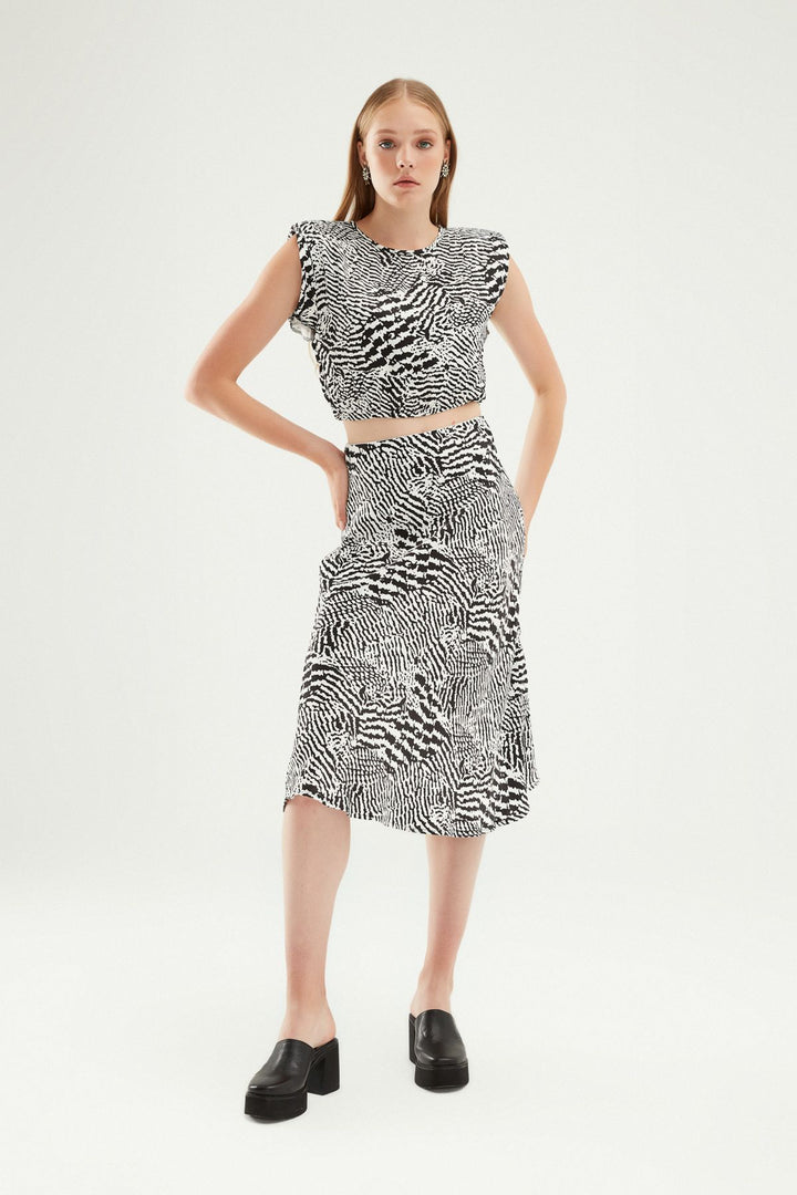 Zebra Satin Midi Skirt Black