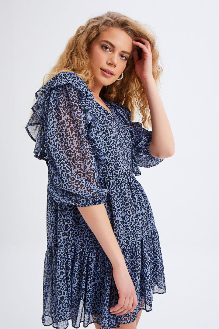 Patterned Frilly V-Neck Dress Baby Blue